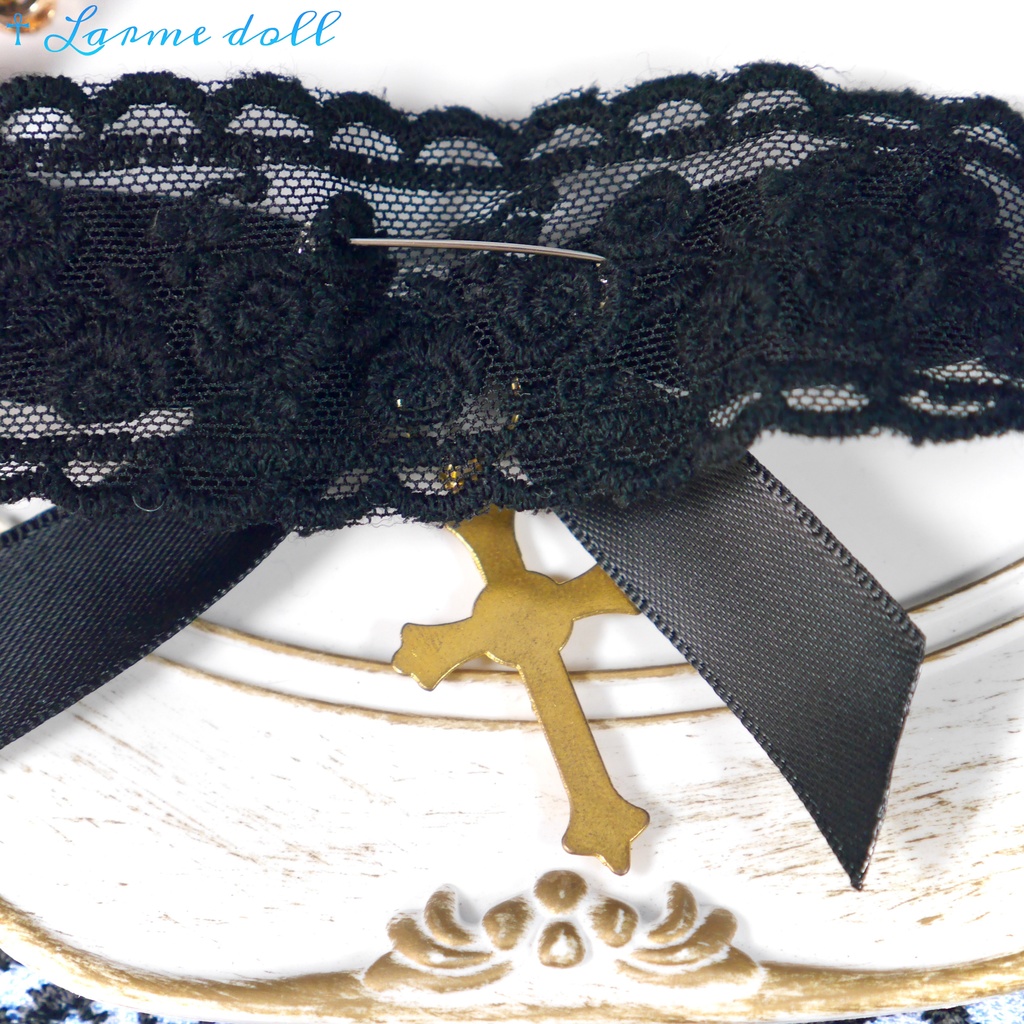 【受注生産】《☥》リボンチョーカー(レース黒)(タイプB)(接合パーツ等ゴールド)