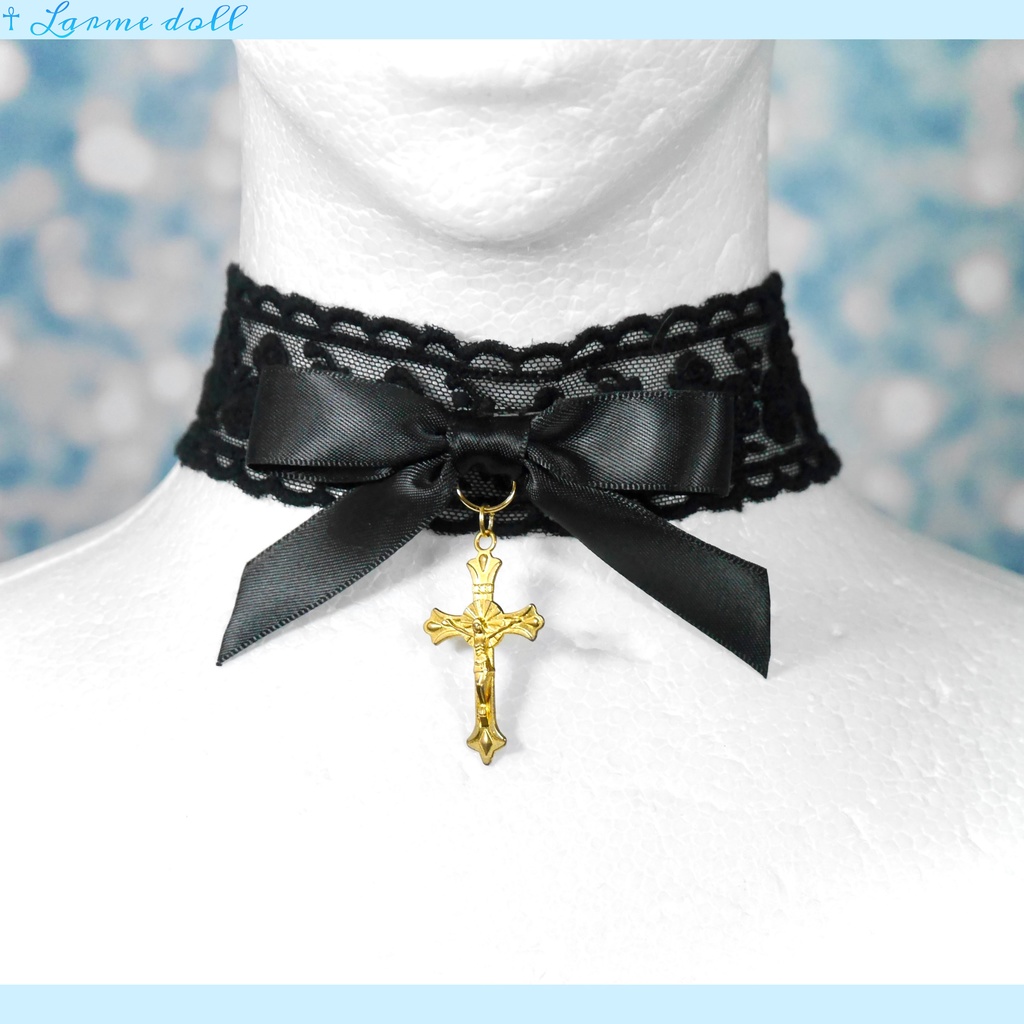 【受注生産】《☥》リボンチョーカー(レース黒)(タイプB)(接合パーツ等ゴールド)