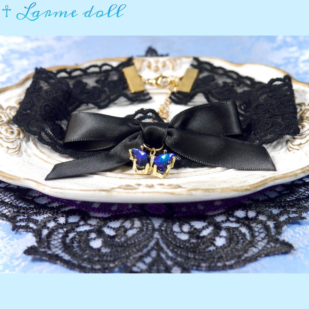 【受注生産】《☥》リボンチョーカー(レース黒)(タイプC)(接合パーツ等ゴールド)