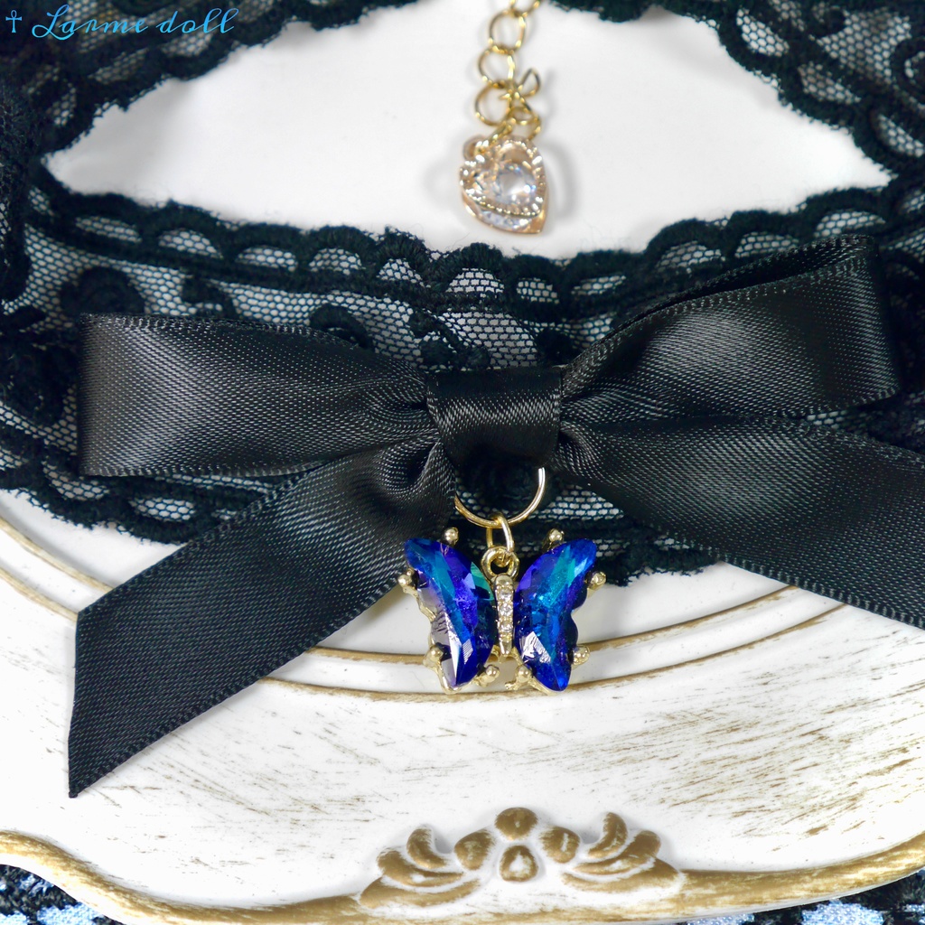 【受注生産】《☥》リボンチョーカー(レース黒)(タイプC)(接合パーツ等ゴールド)