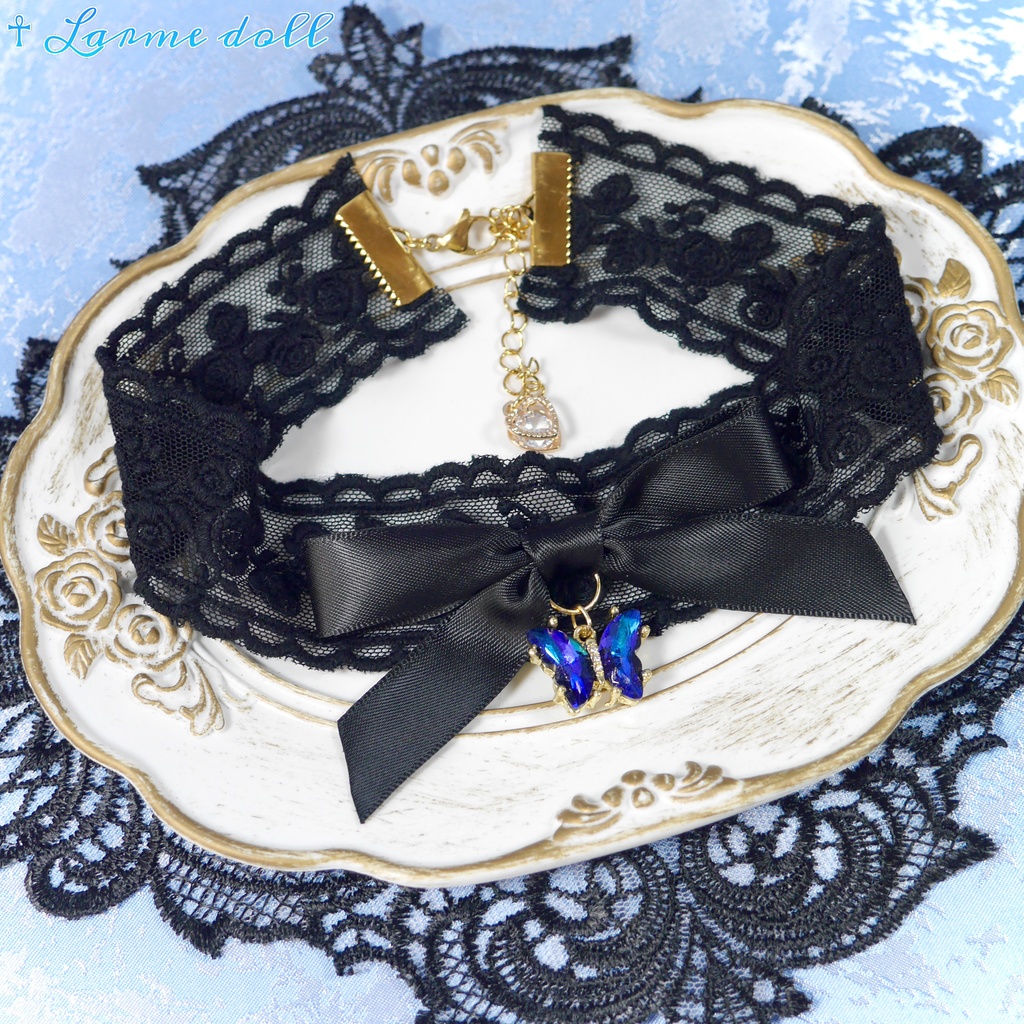 【受注生産】《☥》リボンチョーカー(レース黒)(タイプC)(接合パーツ等ゴールド)