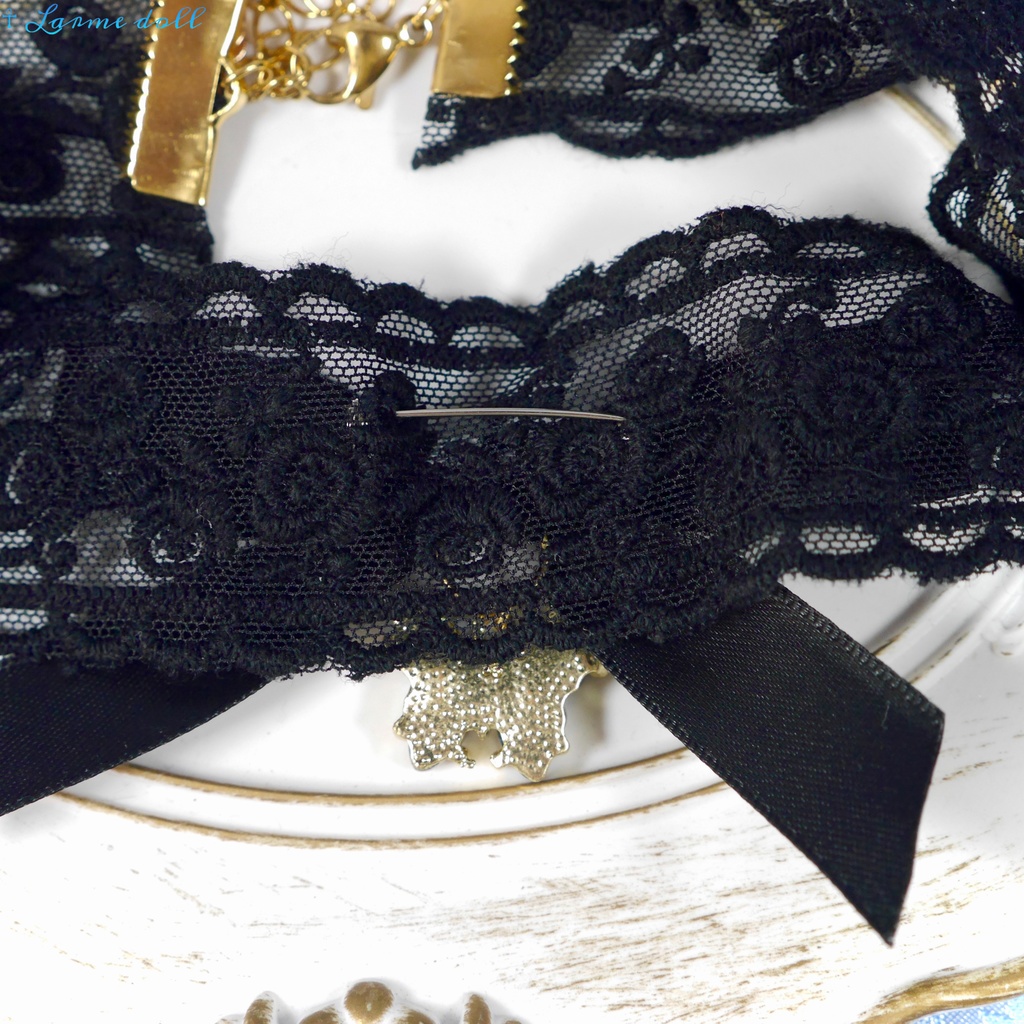 【受注生産】《☥》リボンチョーカー(レース黒)(タイプC)(接合パーツ等ゴールド)