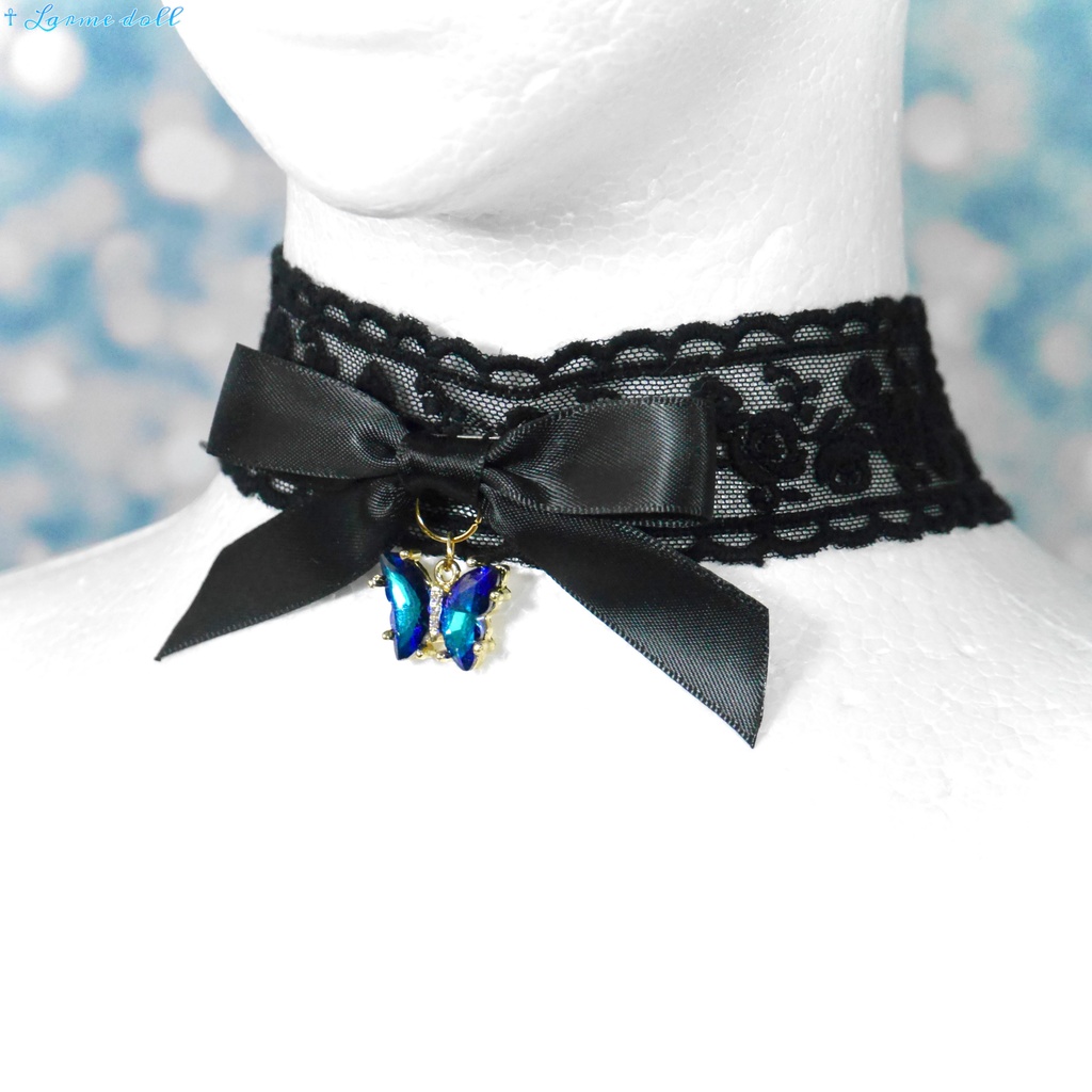 【受注生産】《☥》リボンチョーカー(レース黒)(タイプC)(接合パーツ等ゴールド)