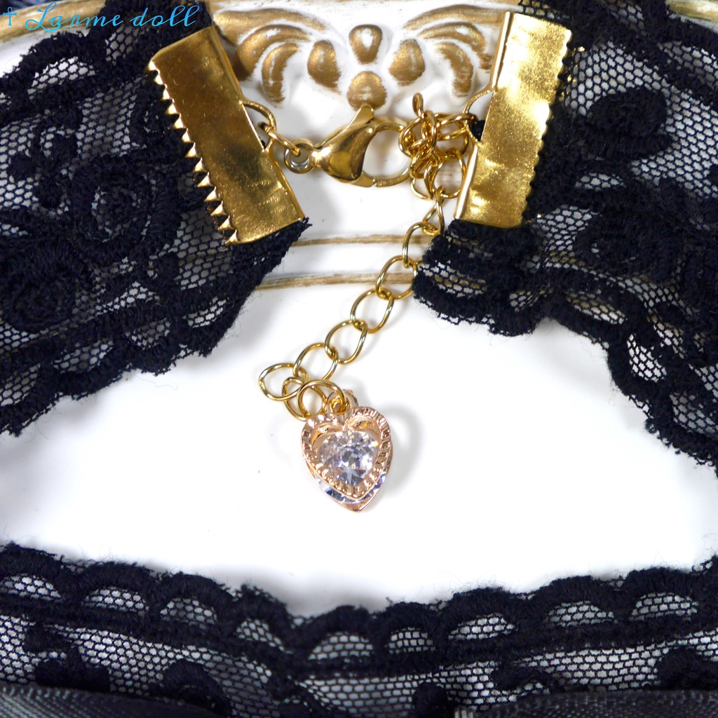 【受注生産】《☥》リボンチョーカー(レース黒)(タイプD)(接合パーツ等ゴールド)