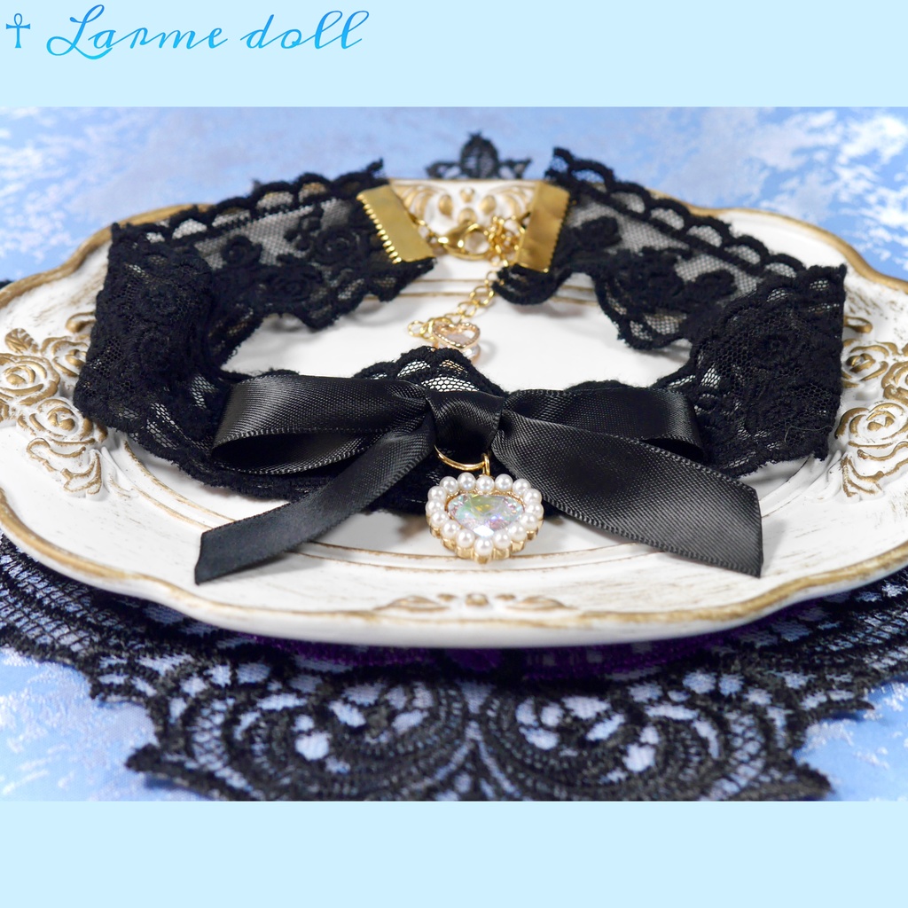 【受注生産】《☥》リボンチョーカー(レース黒)(タイプD)(接合パーツ等ゴールド)