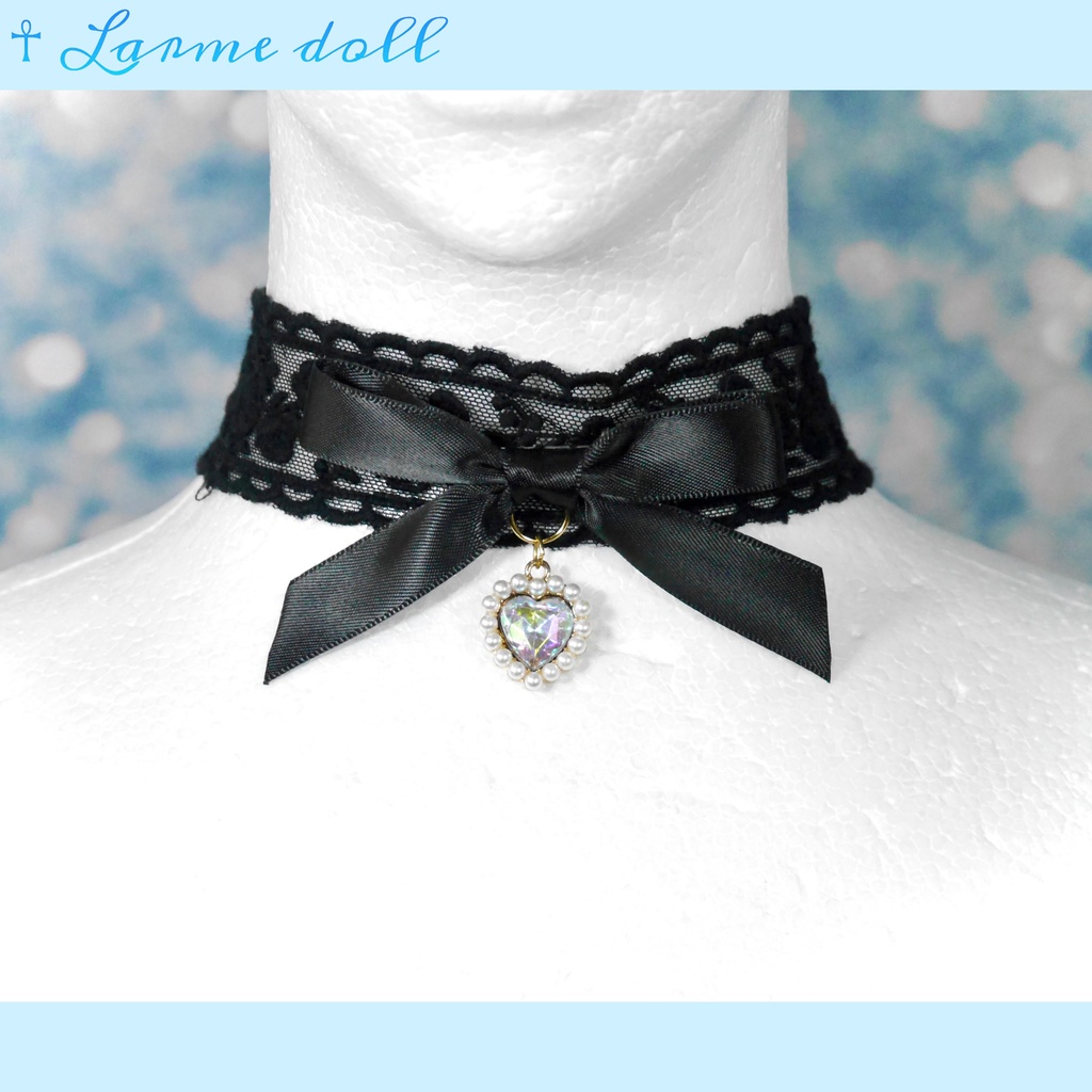 【受注生産】《☥》リボンチョーカー(レース黒)(タイプD)(接合パーツ等ゴールド)