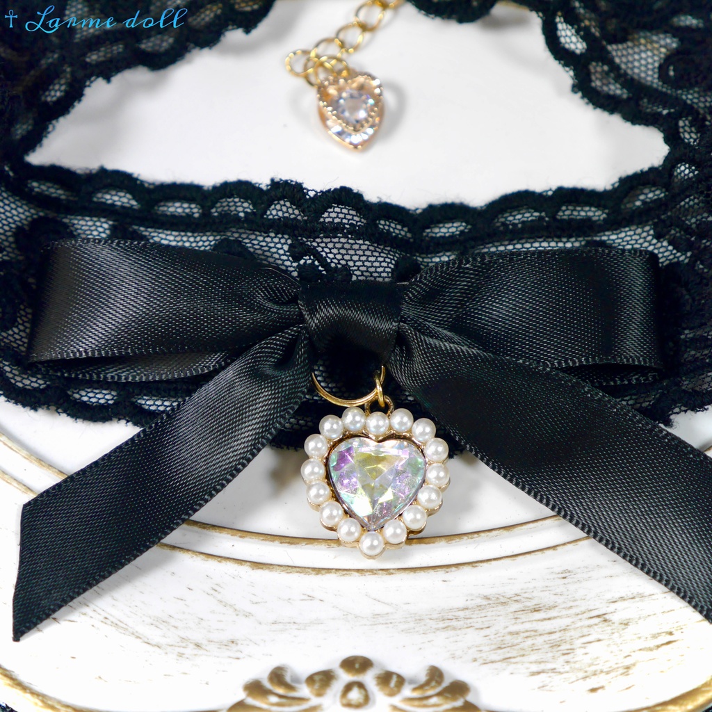 【受注生産】《☥》リボンチョーカー(レース黒)(タイプD)(接合パーツ等ゴールド)