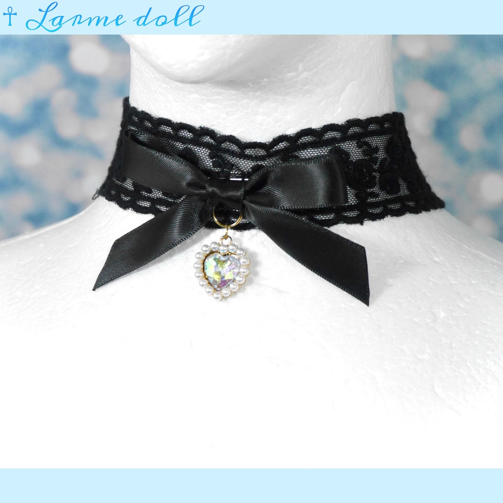 【受注生産】《☥》リボンチョーカー(レース黒)(タイプD)(接合パーツ等ゴールド)