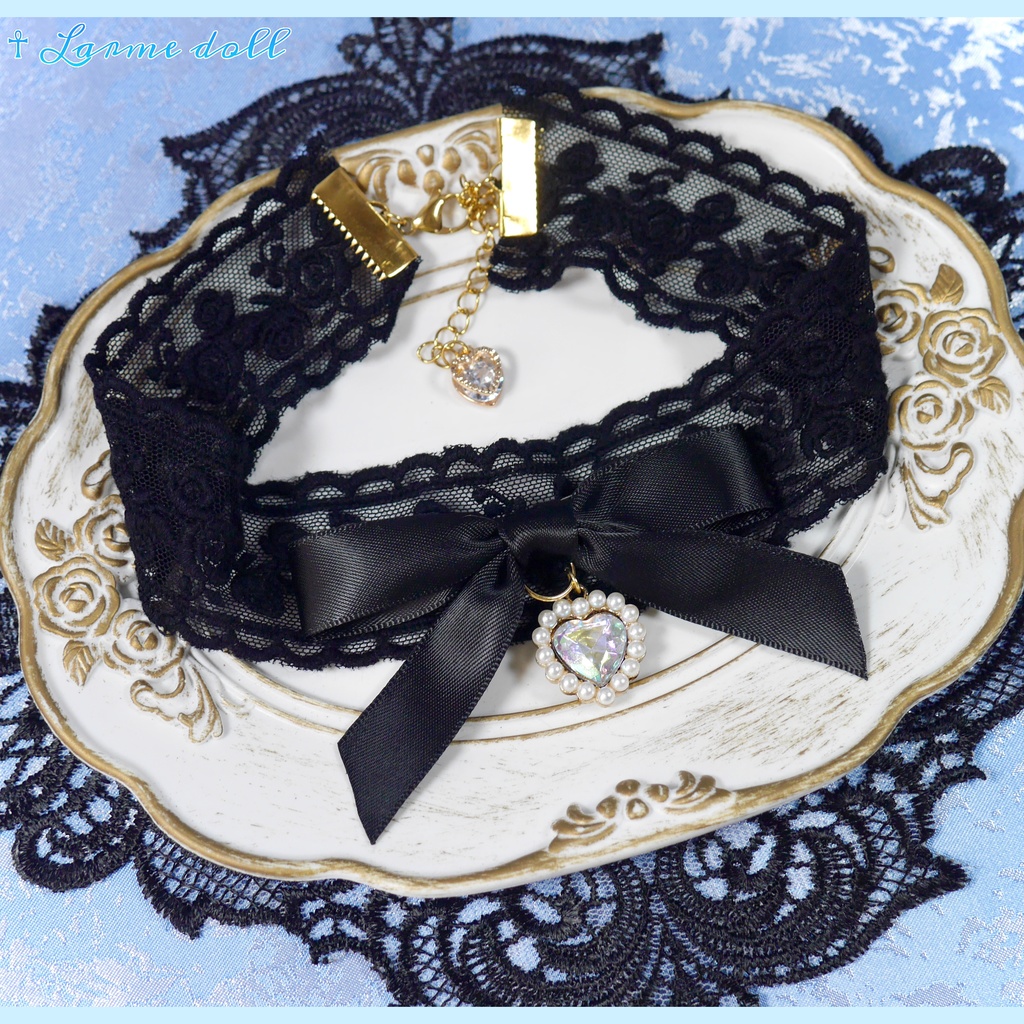 【受注生産】《☥》リボンチョーカー(レース黒)(タイプD)(接合パーツ等ゴールド)
