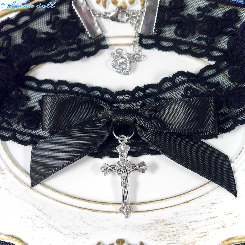 【受注生産】《☥》リボンチョーカー(レース黒)(タイプB)(接合パーツ等シルバー)