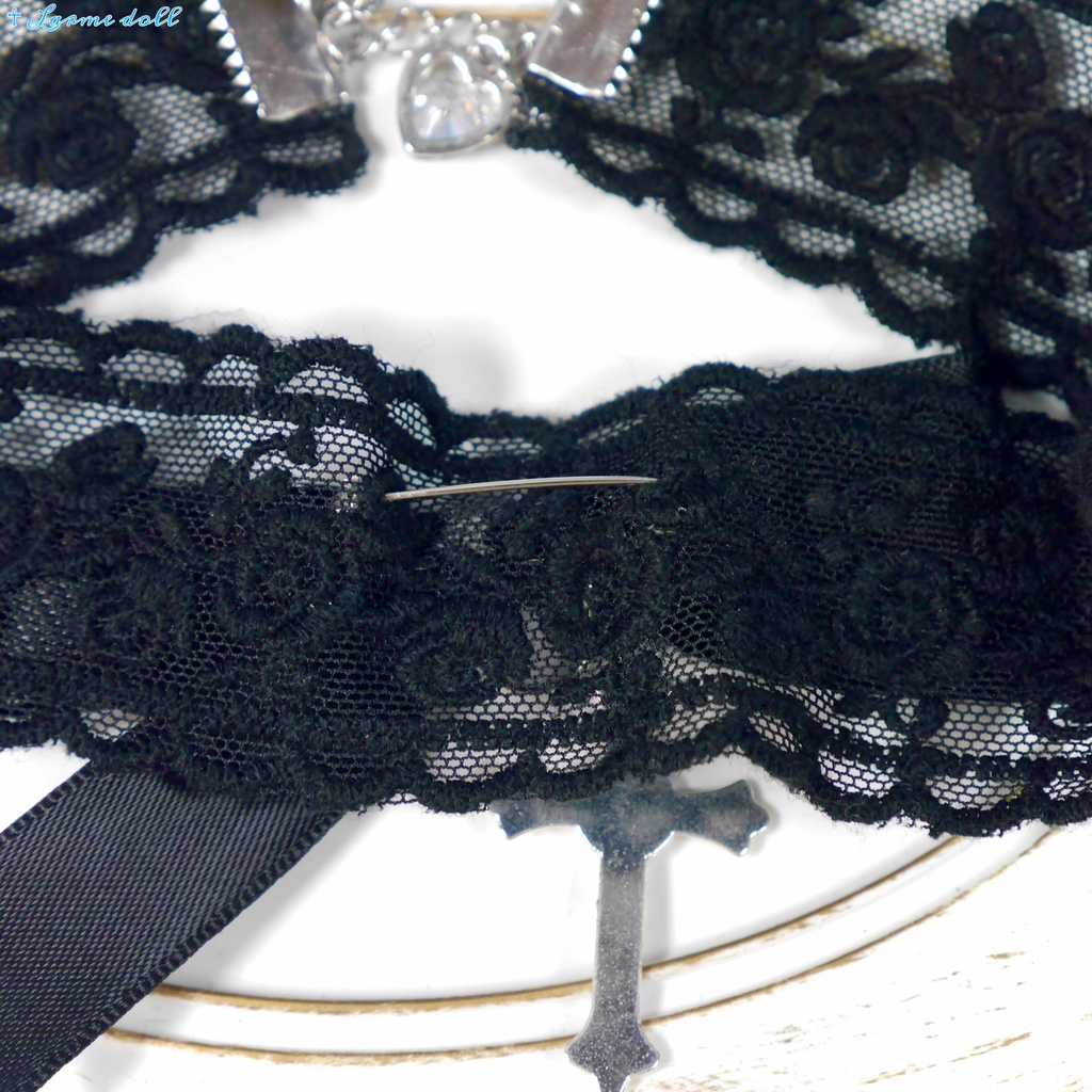 【受注生産】《☥》リボンチョーカー(レース黒)(タイプB)(接合パーツ等シルバー)