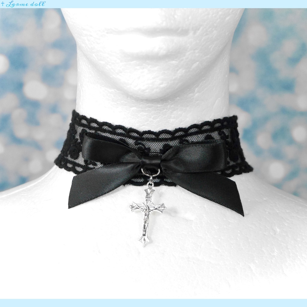 【受注生産】《☥》リボンチョーカー(レース黒)(タイプB)(接合パーツ等シルバー)