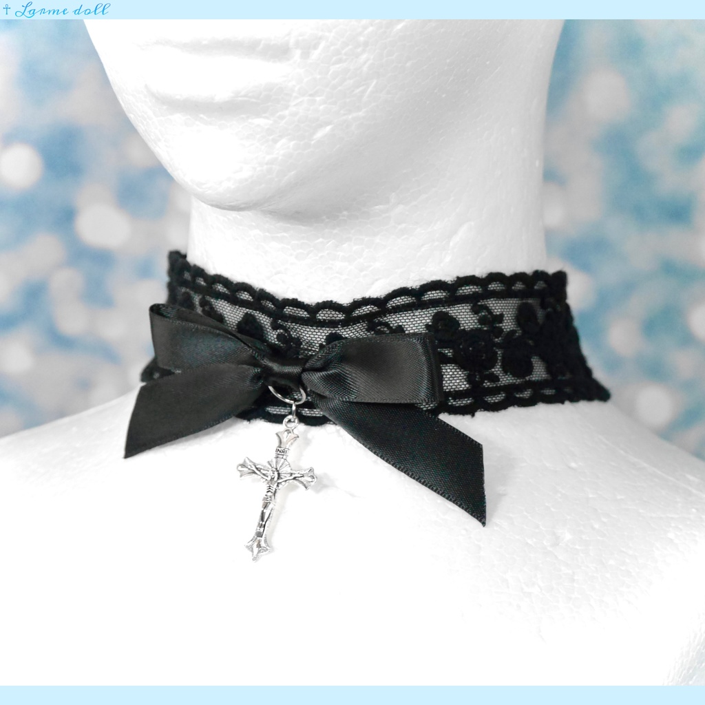 【受注生産】《☥》リボンチョーカー(レース黒)(タイプB)(接合パーツ等シルバー)