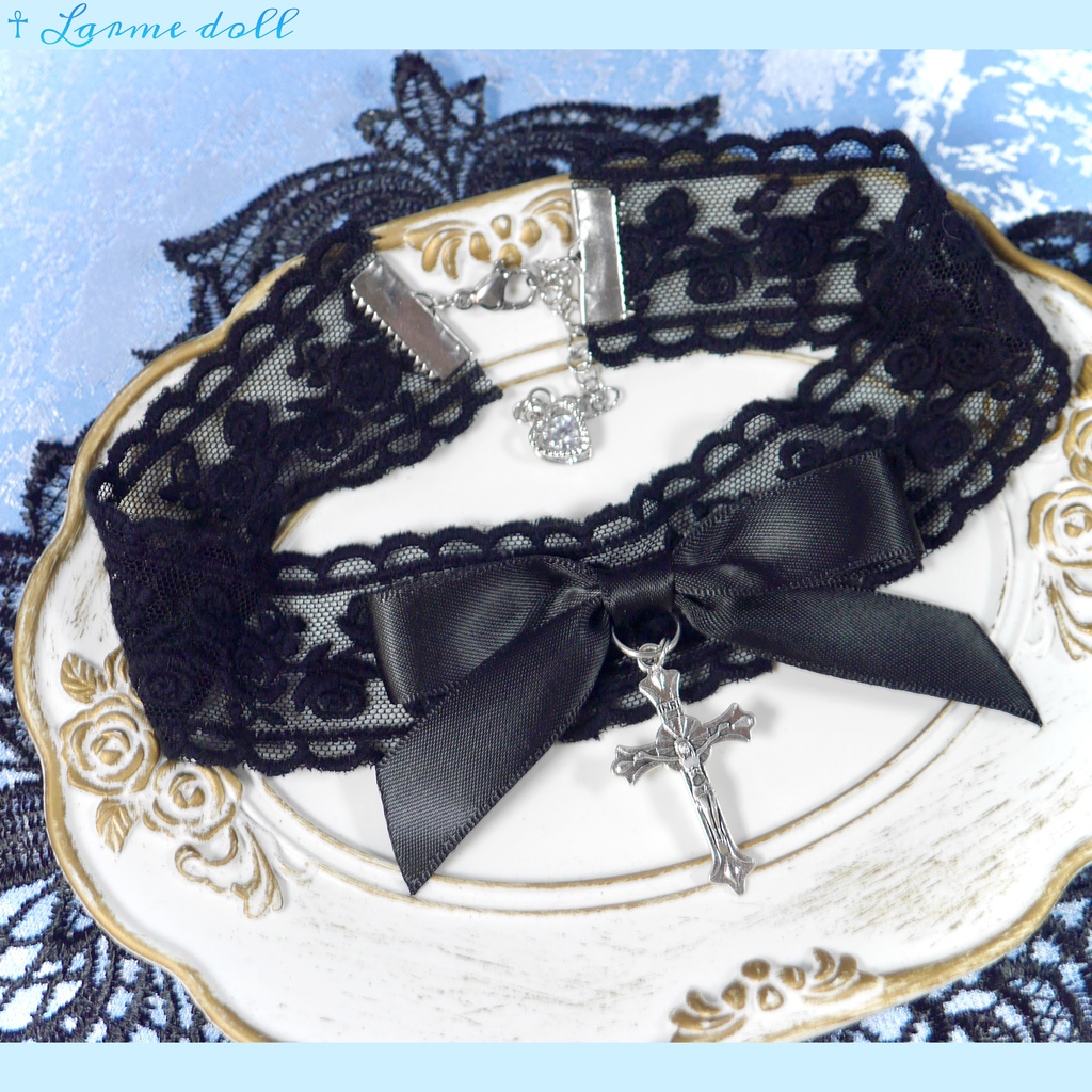 【受注生産】《☥》リボンチョーカー(レース黒)(タイプB)(接合パーツ等シルバー)