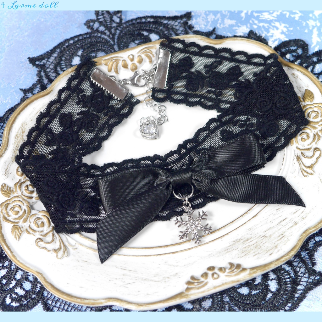【受注生産】《☥》リボンチョーカー(レース黒)(タイプB)(接合パーツ等シルバー)