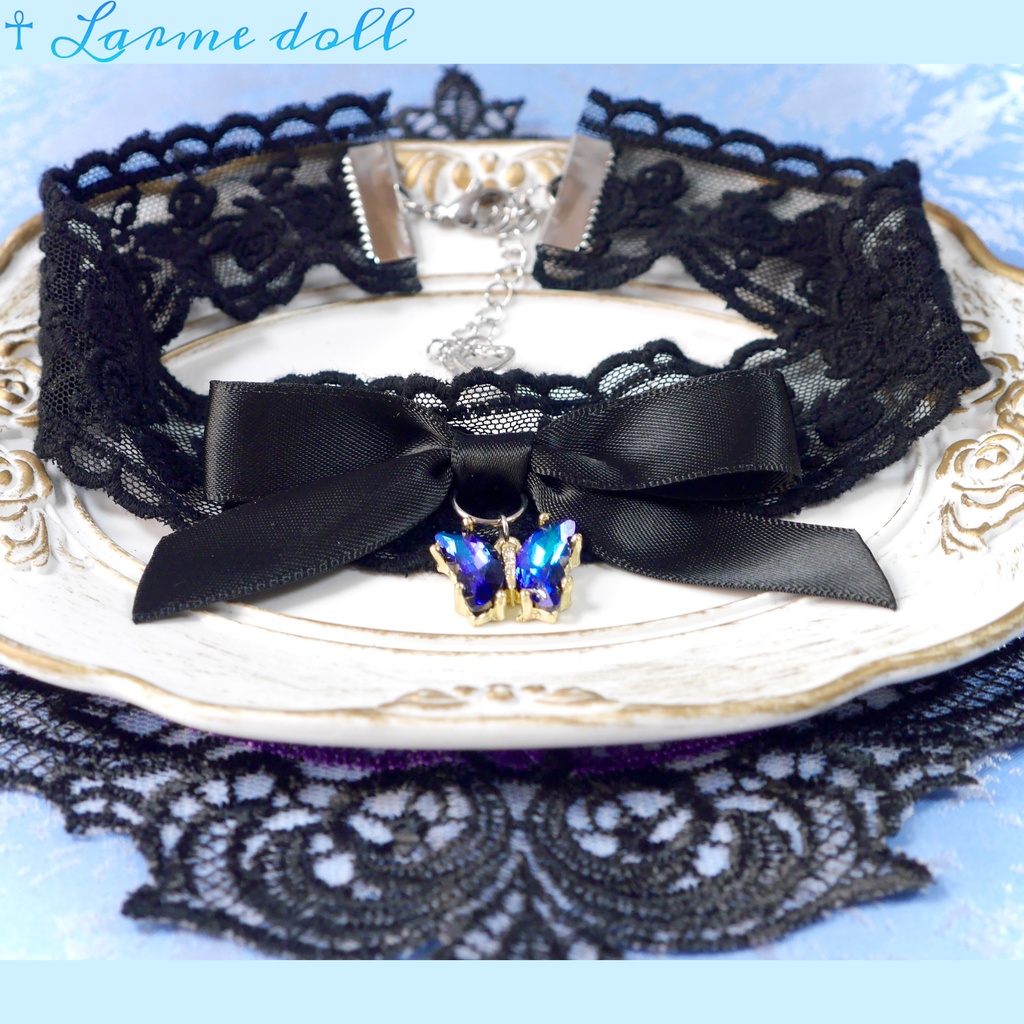 【受注生産】《☥》リボンチョーカー(レース黒)(タイプC)(接合パーツ等シルバー)