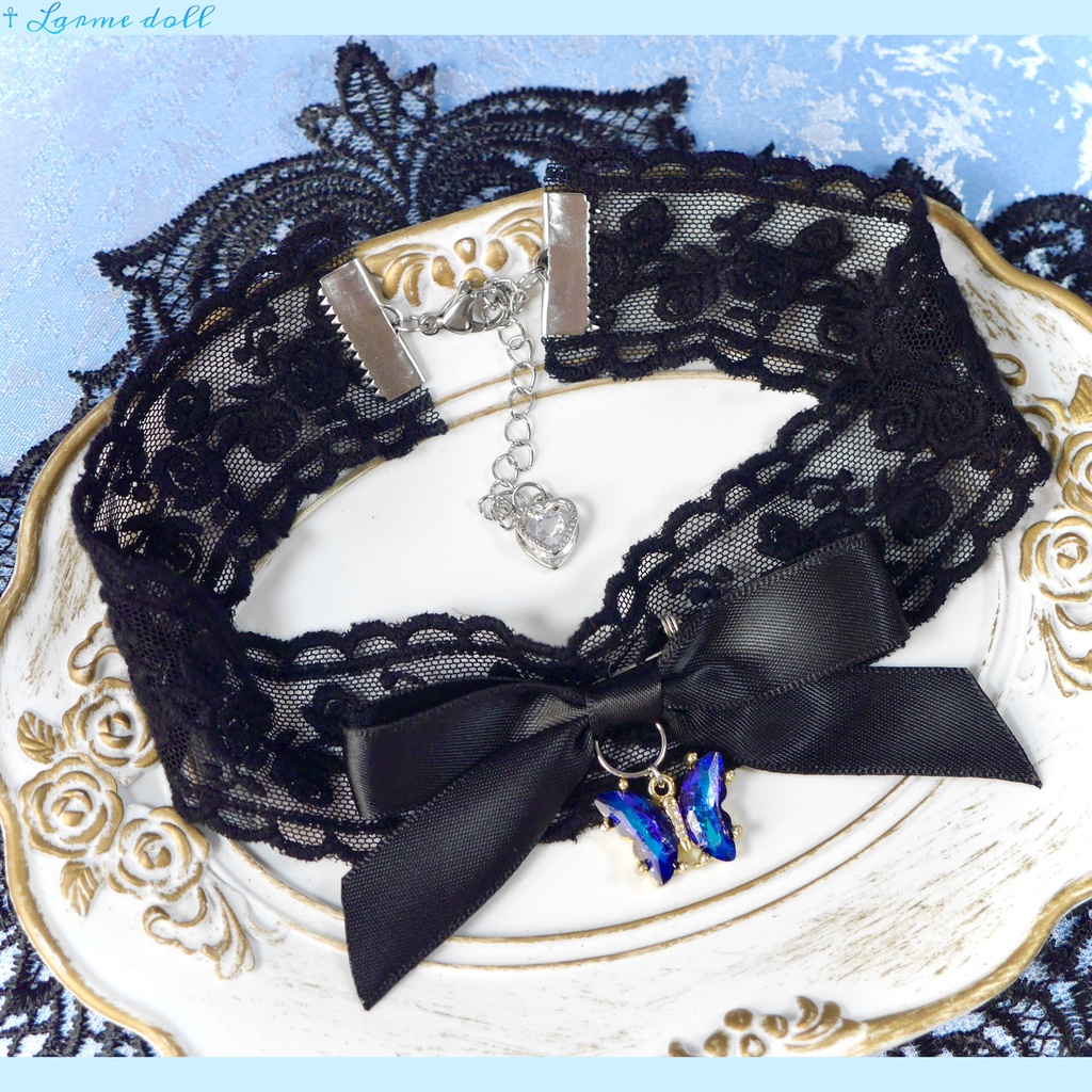 【受注生産】《☥》リボンチョーカー(レース黒)(タイプC)(接合パーツ等シルバー)