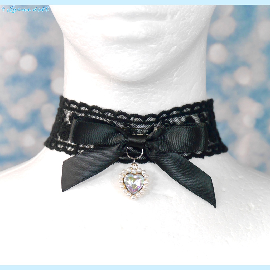 【受注生産】《☥》リボンチョーカー(レース黒)(タイプD)(接合パーツ等シルバー)