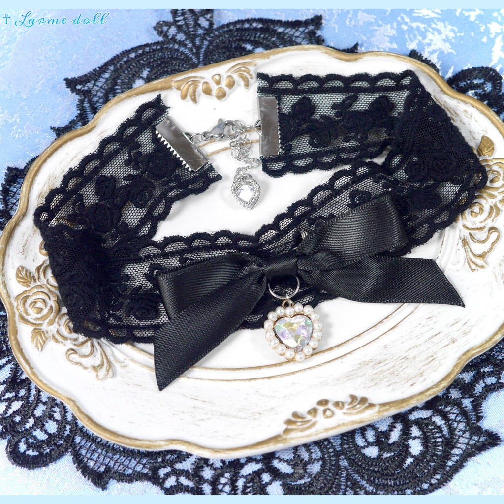 【受注生産】《☥》リボンチョーカー(レース黒)(タイプD)(接合パーツ等シルバー)