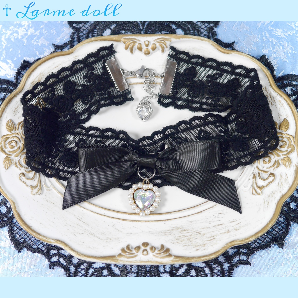 【受注生産】《☥》リボンチョーカー(レース黒)(タイプD)(接合パーツ等シルバー)
