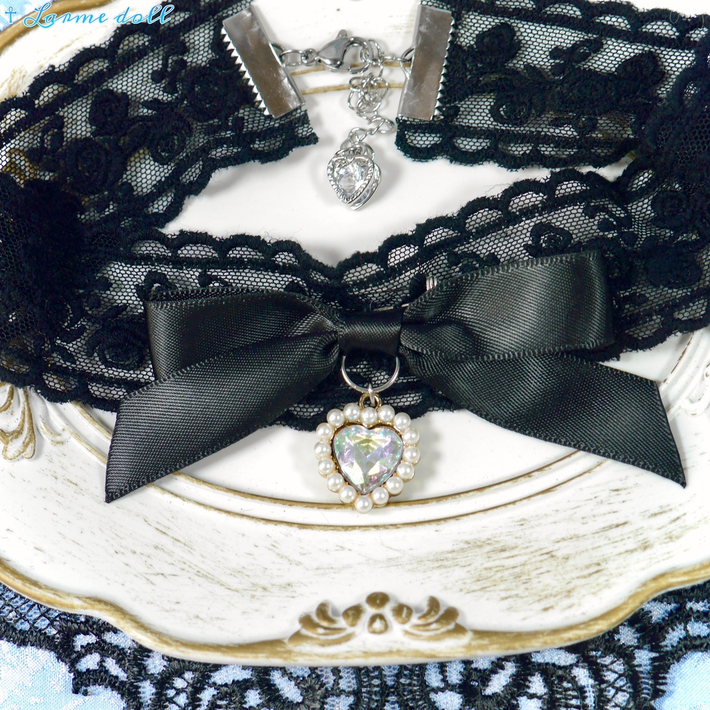 【受注生産】《☥》リボンチョーカー(レース黒)(タイプD)(接合パーツ等シルバー)