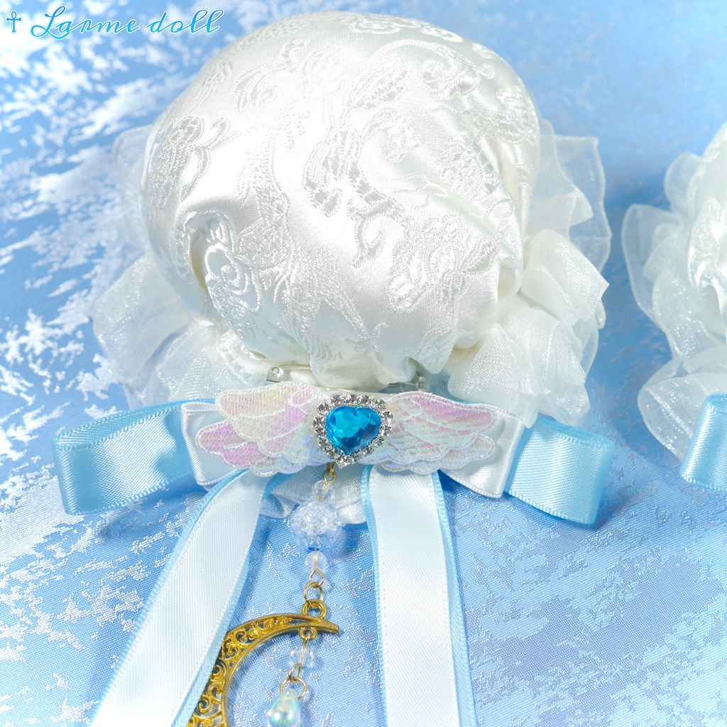 【受注生産】《☥》天使チャイナお団子カバー カラー▷白×水色(接合パーツ、月チャームゴールドカラーVer.)(オーガンジーレース白)