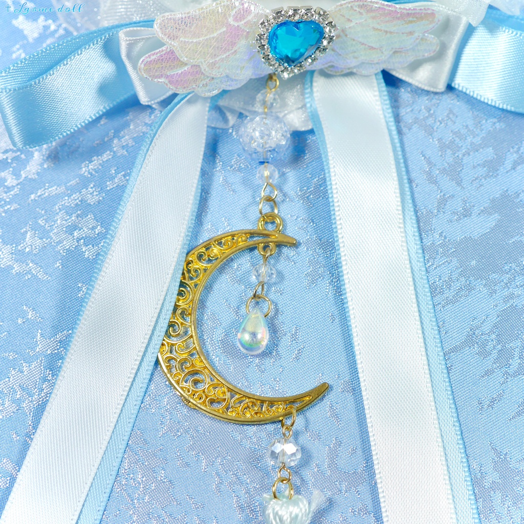 【受注生産】《☥》天使チャイナお団子カバー カラー▷白×水色(接合パーツ、月チャームゴールドカラーVer.)(オーガンジーレース白)