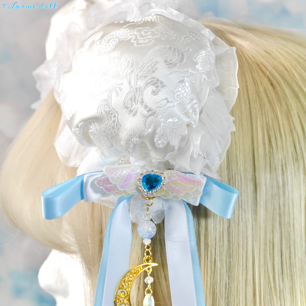 【受注生産】《☥》天使チャイナお団子カバー カラー▷白×水色(接合パーツ、月チャームゴールドカラーVer.)(オーガンジーレース白)