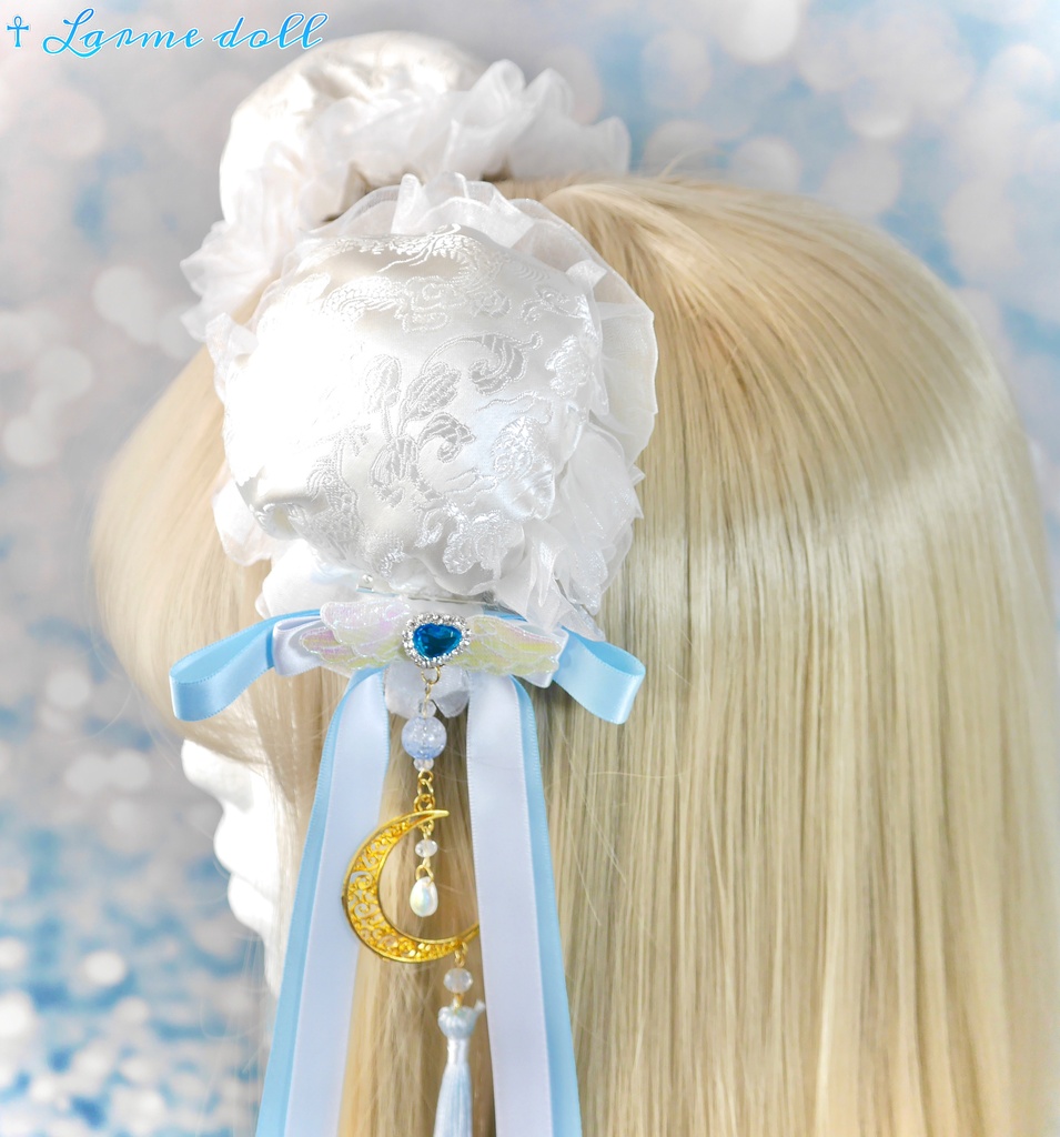 【受注生産】《☥》天使チャイナお団子カバー カラー▷白×水色(接合パーツ、月チャームゴールドカラーVer.)(オーガンジーレース白)