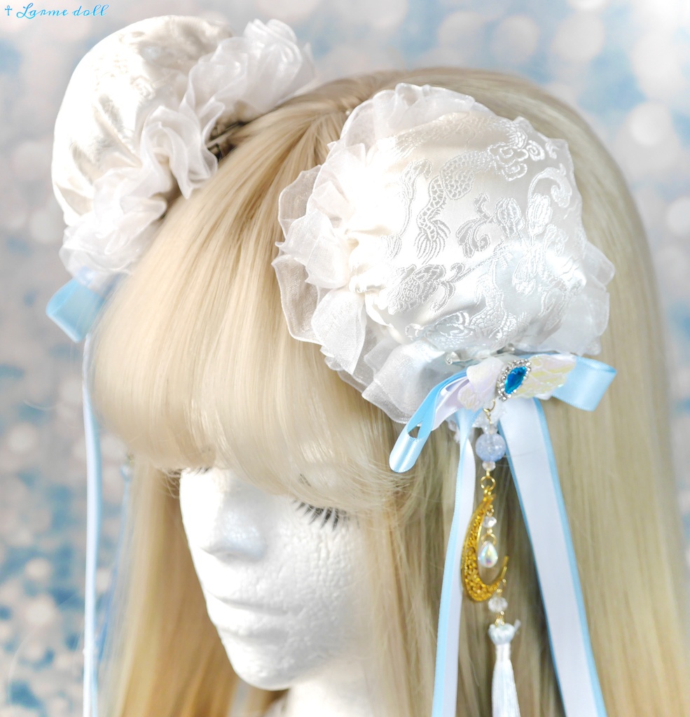 【受注生産】《☥》天使チャイナお団子カバー カラー▷白×水色(接合パーツ、月チャームゴールドカラーVer.)(オーガンジーレース白)