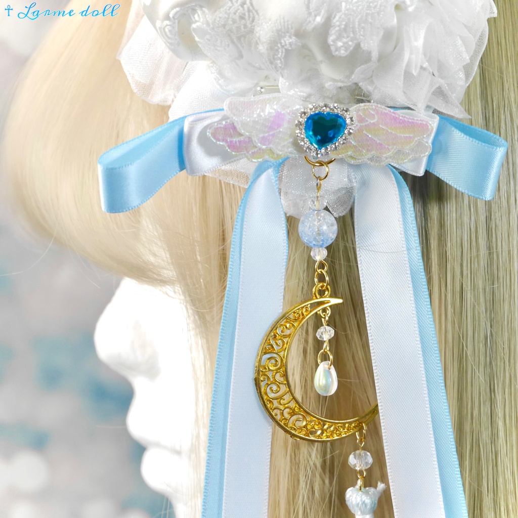 【受注生産】《☥》天使チャイナお団子カバー カラー▷白×水色(接合パーツ、月チャームゴールドカラーVer.)(オーガンジーレース白)