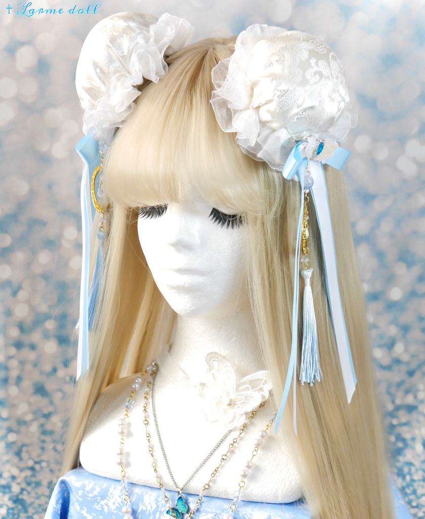 【受注生産】《☥》天使チャイナお団子カバー カラー▷白×水色(接合パーツ、月チャームゴールドカラーVer.)(オーガンジーレース白)