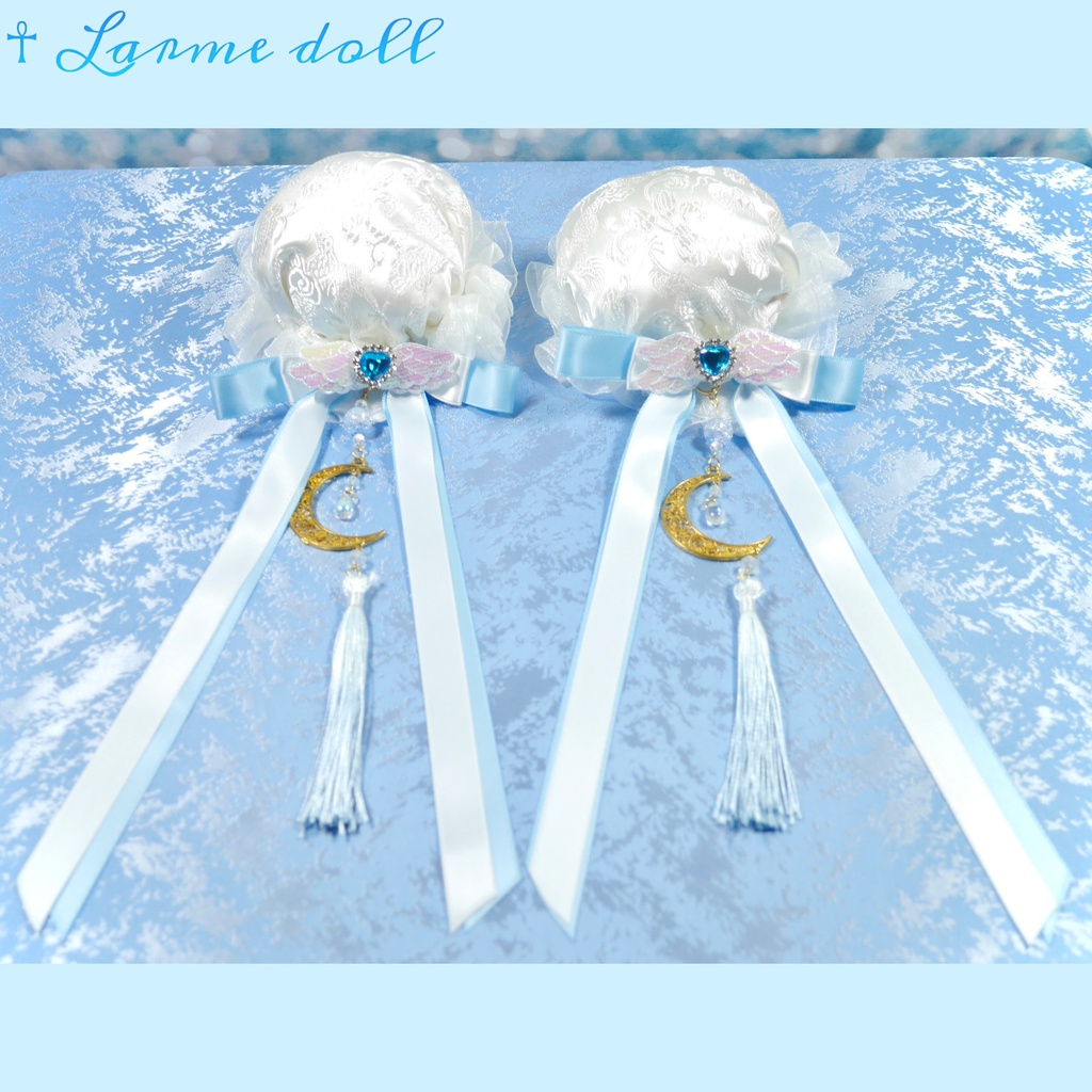【受注生産】《☥》天使チャイナお団子カバー カラー▷白×水色(接合パーツ、月チャームゴールドカラーVer.)(オーガンジーレース白)