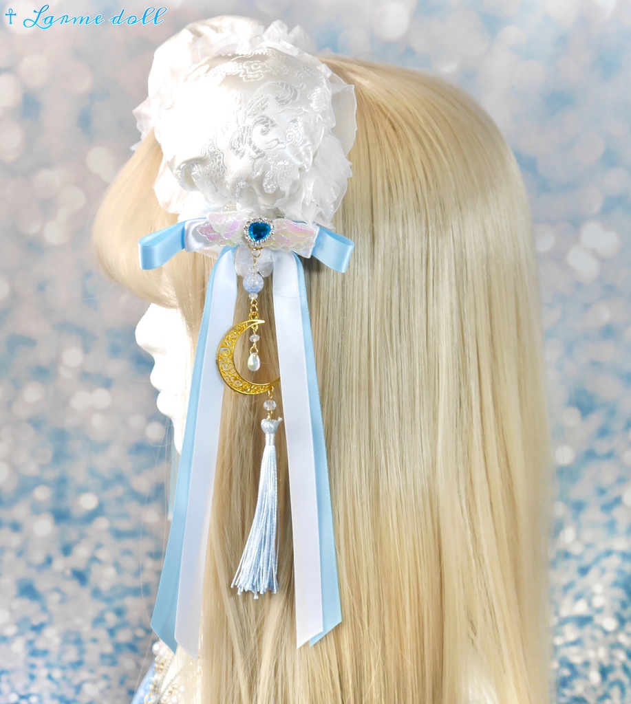 【受注生産】《☥》天使チャイナお団子カバー カラー▷白×水色(接合パーツ、月チャームゴールドカラーVer.)(オーガンジーレース白)