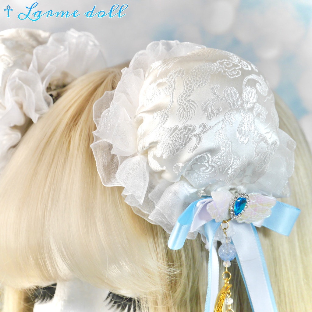 【受注生産】《☥》天使チャイナお団子カバー カラー▷白×水色(接合パーツ、月チャームゴールドカラーVer.)(オーガンジーレース白)
