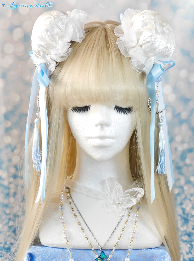 【受注生産】《☥》天使チャイナお団子カバー カラー▷白×水色(接合パーツ、月チャームシルバーカラーVer.)(オーガンジーレース白)