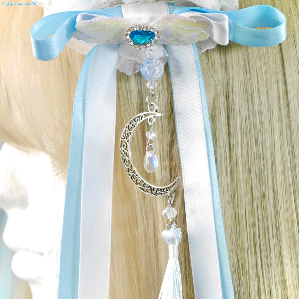 【受注生産】《☥》天使チャイナお団子カバー カラー▷白×水色(接合パーツ、月チャームシルバーカラーVer.)(オーガンジーレース白)