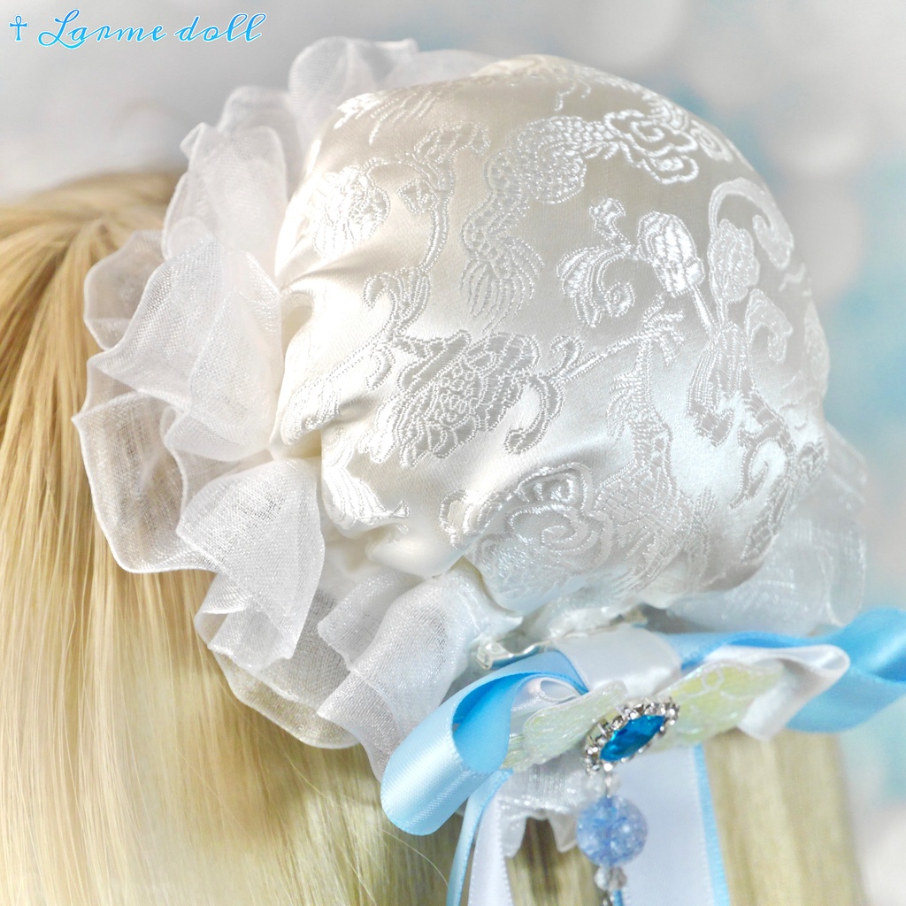 【受注生産】《☥》天使チャイナお団子カバー カラー▷白×水色(接合パーツ、月チャームシルバーカラーVer.)(オーガンジーレース白)