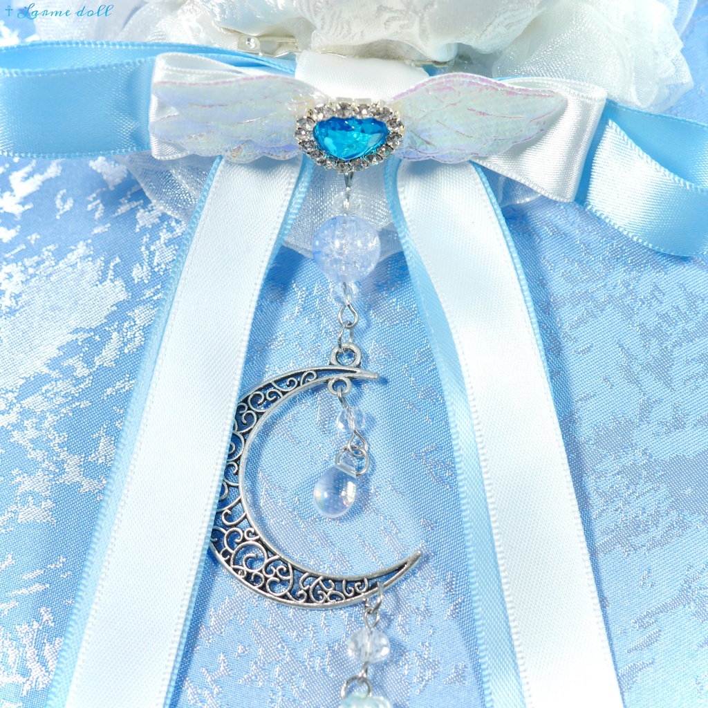 【受注生産】《☥》天使チャイナお団子カバー カラー▷白×水色(接合パーツ、月チャームシルバーカラーVer.)(オーガンジーレース白)