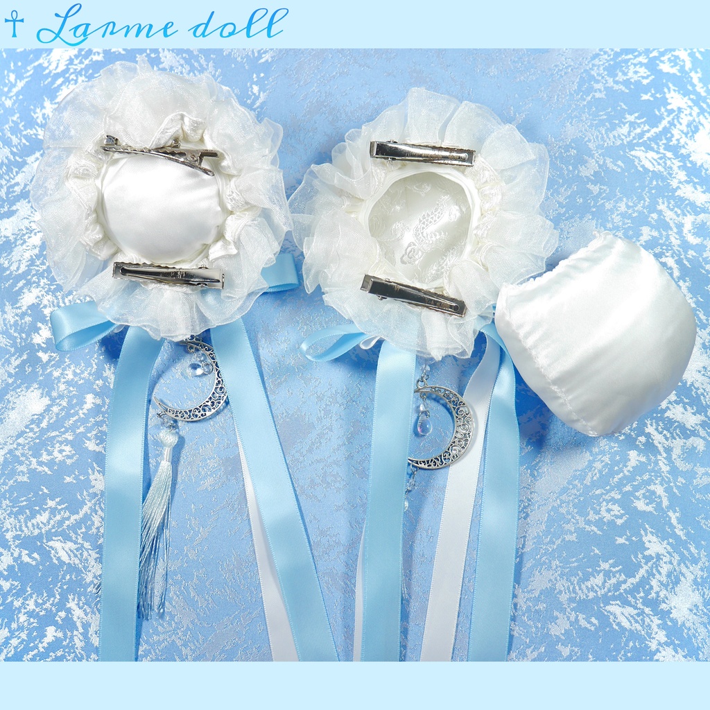 【受注生産】《☥》天使チャイナお団子カバー カラー▷白×水色(接合パーツ、月チャームシルバーカラーVer.)(オーガンジーレース白)