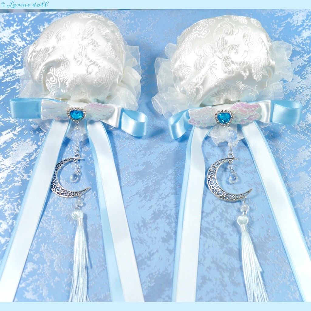 【受注生産】《☥》天使チャイナお団子カバー カラー▷白×水色(接合パーツ、月チャームシルバーカラーVer.)(オーガンジーレース白)