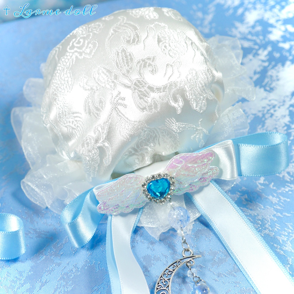 【受注生産】《☥》天使チャイナお団子カバー カラー▷白×水色(接合パーツ、月チャームシルバーカラーVer.)(オーガンジーレース白)