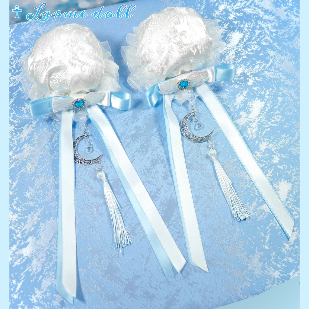 【受注生産】《☥》天使チャイナお団子カバー カラー▷白×水色(接合パーツ、月チャームシルバーカラーVer.)(オーガンジーレース白)