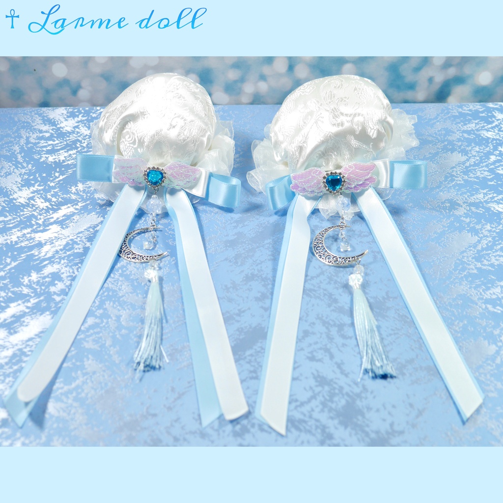 【受注生産】《☥》天使チャイナお団子カバー カラー▷白×水色(接合パーツ、月チャームシルバーカラーVer.)(オーガンジーレース白)