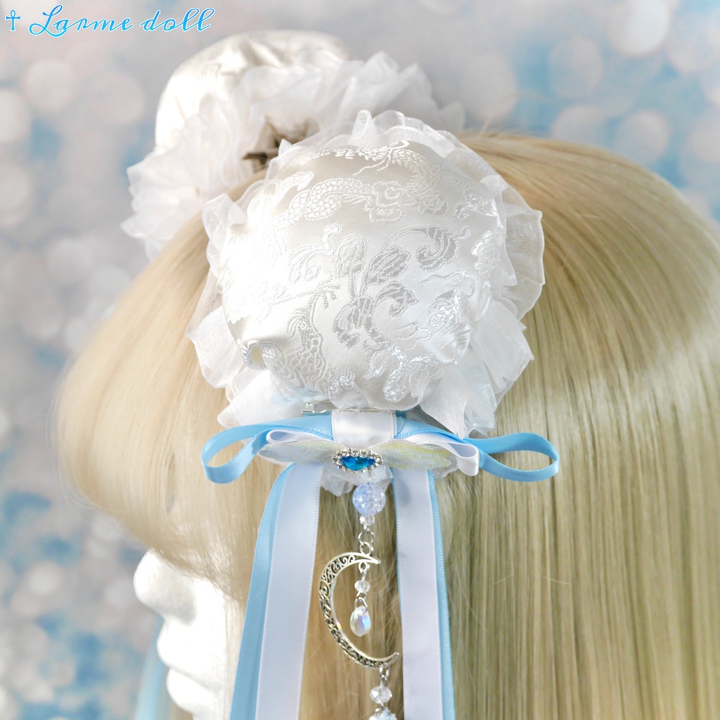 【受注生産】《☥》天使チャイナお団子カバー カラー▷白×水色(接合パーツ、月チャームシルバーカラーVer.)(オーガンジーレース白)
