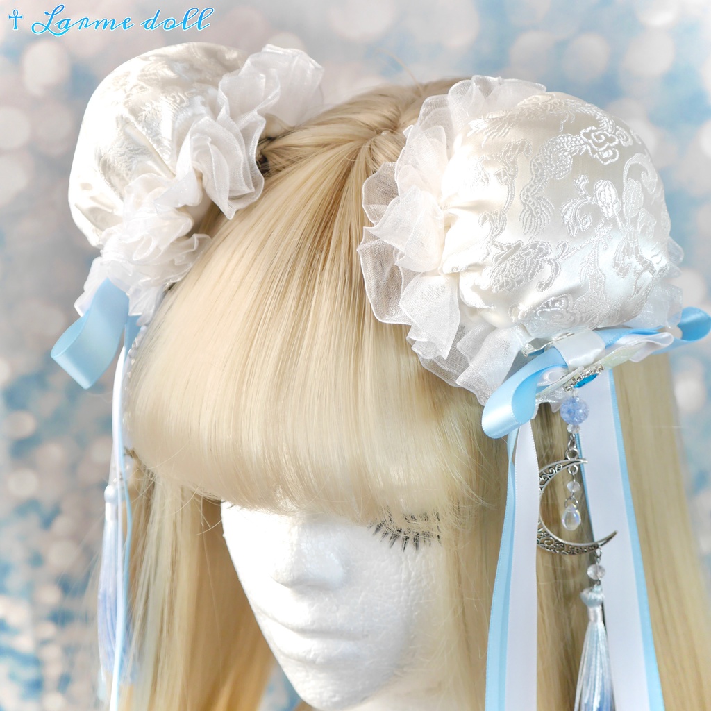 【受注生産】《☥》天使チャイナお団子カバー カラー▷白×水色(接合パーツ、月チャームシルバーカラーVer.)(オーガンジーレース白)