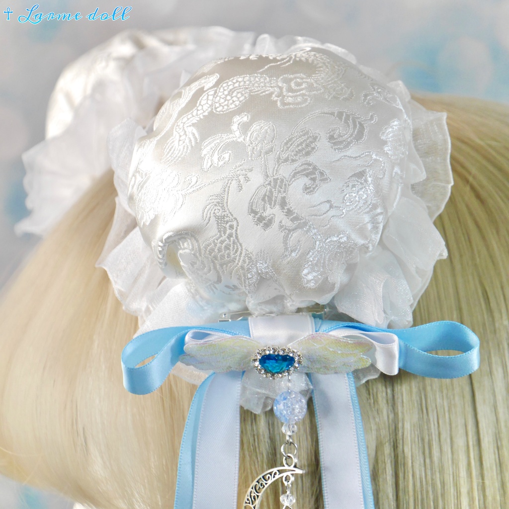 【受注生産】《☥》天使チャイナお団子カバー カラー▷白×水色(接合パーツ、月チャームシルバーカラーVer.)(オーガンジーレース白)