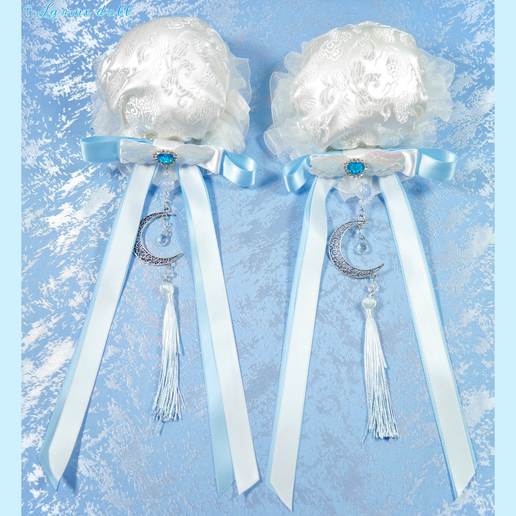 【受注生産】《☥》天使チャイナお団子カバー カラー▷白×水色(接合パーツ、月チャームシルバーカラーVer.)(オーガンジーレース白)
