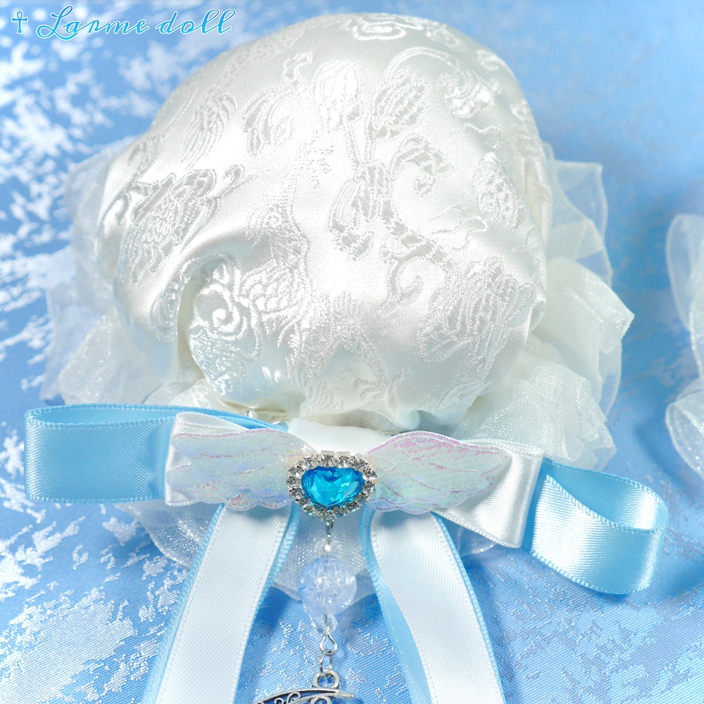 【受注生産】《☥》天使チャイナお団子カバー カラー▷白×水色(接合パーツ、月チャームシルバーカラーVer.)(オーガンジーレース白)