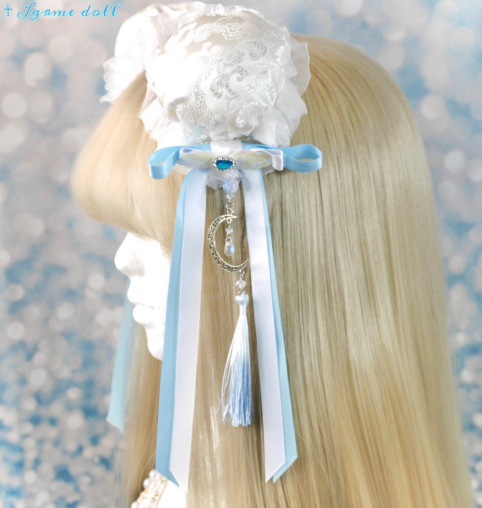【受注生産】《☥》天使チャイナお団子カバー カラー▷白×水色(接合パーツ、月チャームシルバーカラーVer.)(オーガンジーレース白)